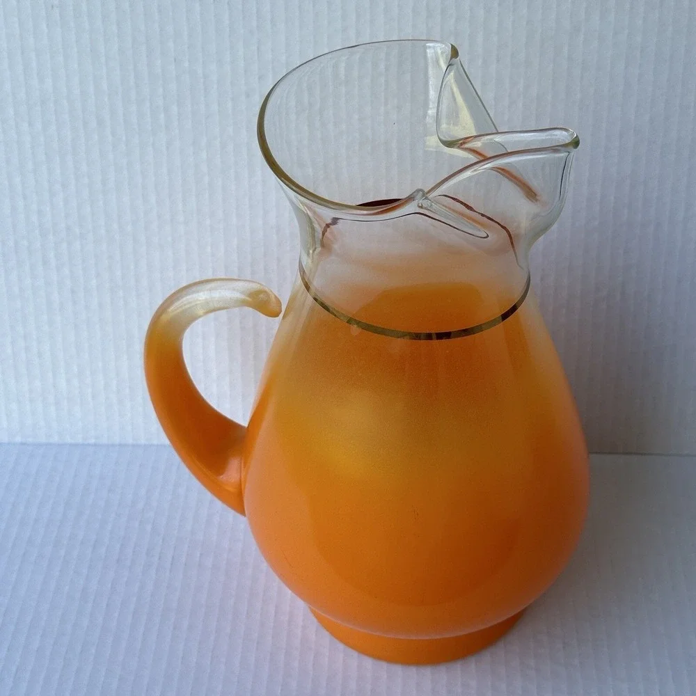 Vintage 1950s BLENDO Pitcher‎ 11 Inch Orange Frosted Glass Gold Trim Ice Lip
